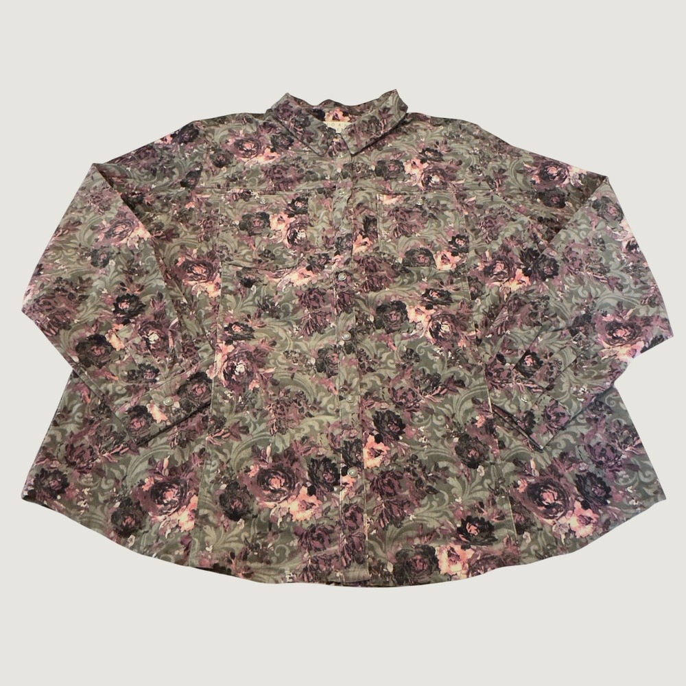Joan Rivers Womens XL Corduroy Floral‎ Snap Front Shirt Purple Pink Long Sleeve